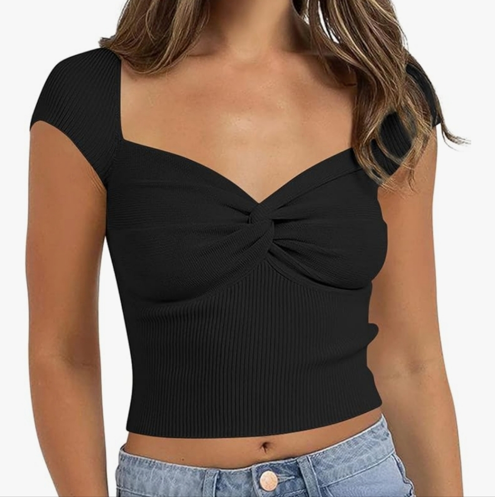 Black Ribbed Sweetheart Neck top